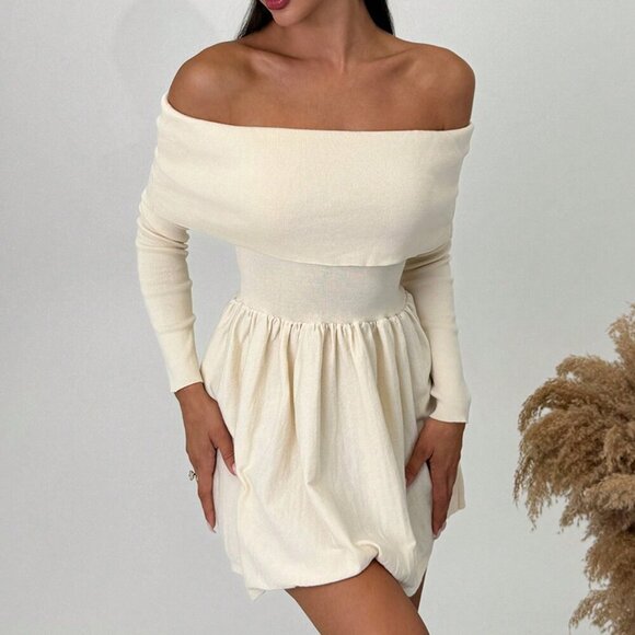 Apricot Elegant Women's Off Shoulder Long Sleeve A-Line Short Knitted Dress - Picture 4 of 5